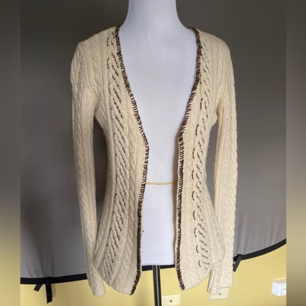 Beige Cable Knit Sweater with Clasp, Tie, and bead Detail Size Small